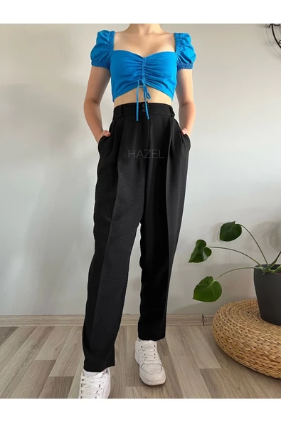 Kadın Siyah Yüksek Bel Keten Balon Pantolon