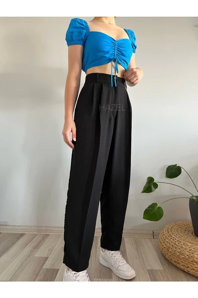 Kadın Siyah Yüksek Bel Keten Balon Pantolon - 3