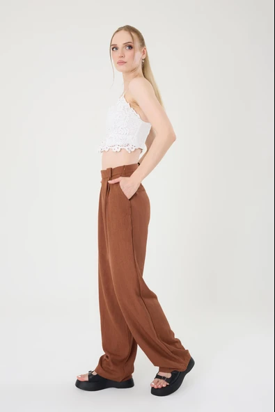 Kadın Kahverengi Keten Düğmeli Yüksek Bel Palazzo Pantolon - 4