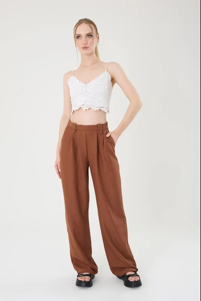 Kadın Kahverengi Keten Düğmeli Yüksek Bel Palazzo Pantolon - 2