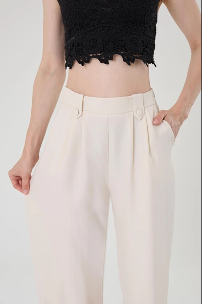 Kadın Taş Keten Düğmeli Yüksek Bel Palazzo Pantolon - 3