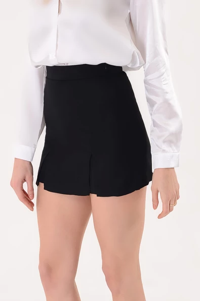 Siyah Keten Karışımlı Çift Yırtmaçlı Şort Etek - 3