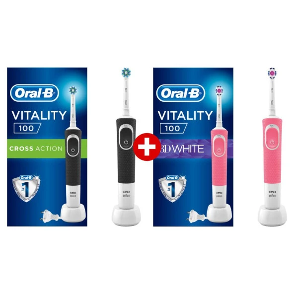 Oral-B Vitality Siyah D100 Cross Action Elektrikli Diş Fırçası (Box)+Pembe D100 3d White Diş Fırçası