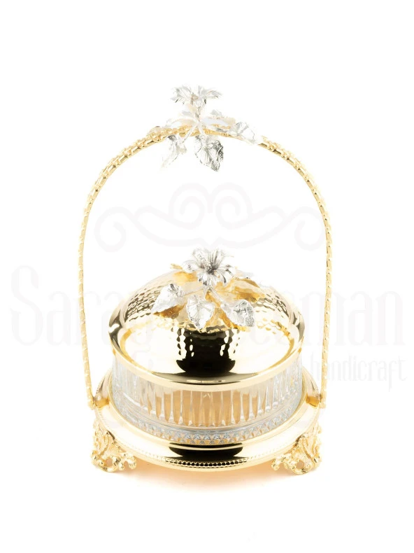 Bakır Stantlı Kapaklı Şekerlik Meyvelik Sunumluk Dekoratif Obje Söz Nişan Çikolatalık Sandra Çizgili Cam Sepet - 3