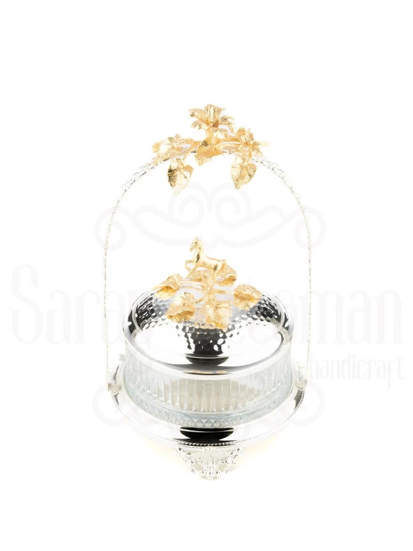 Bakır Stantlı Kapaklı Şekerlik Meyvelik Sunumluk Dekoratif Obje Söz Nişan Çikolatalık Sandra Çizgili Cam Sepet - 4