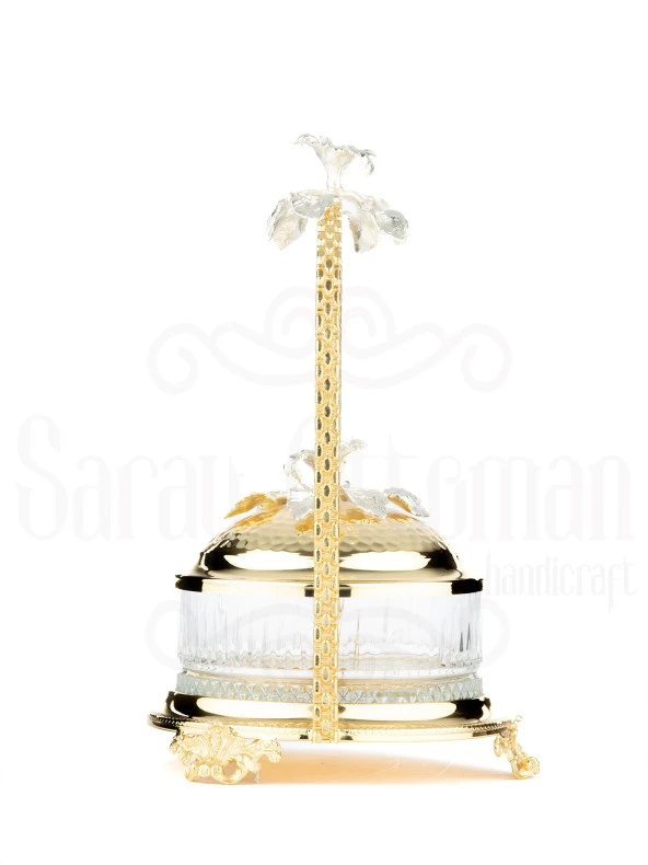 Bakır Stantlı Kapaklı Şekerlik Meyvelik Sunumluk Dekoratif Obje Söz Nişan Çikolatalık Sandra Çizgili Cam Sepet - 5