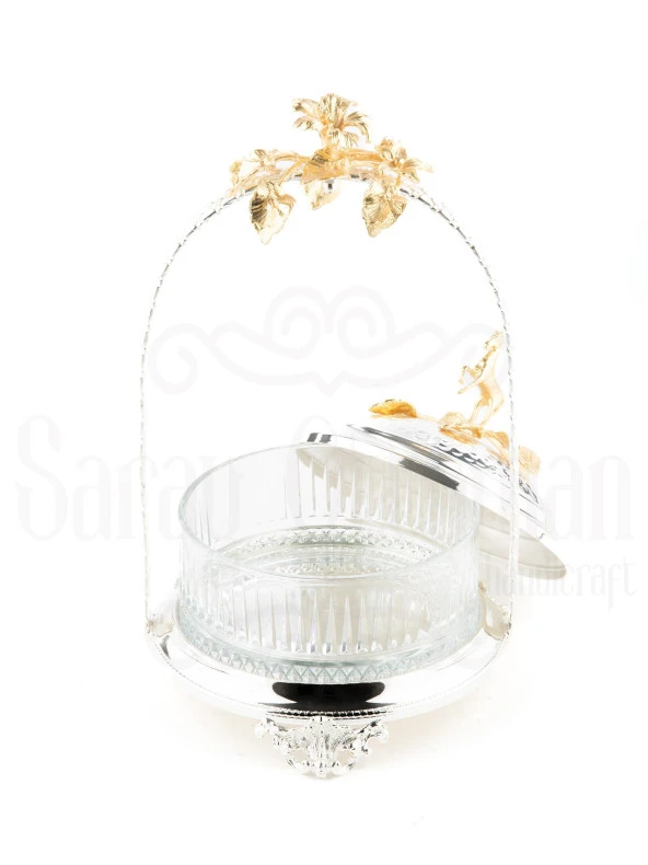 Bakır Stantlı Kapaklı Şekerlik Meyvelik Sunumluk Dekoratif Obje Söz Nişan Çikolatalık Sandra Çizgili Cam Sepet - 8