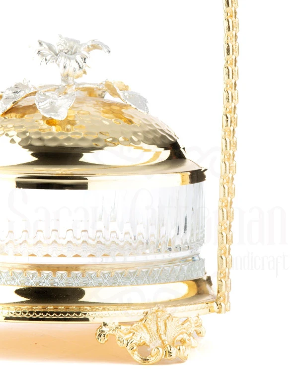 Bakır Stantlı Kapaklı Şekerlik Meyvelik Sunumluk Dekoratif Obje Söz Nişan Çikolatalık Sandra Çizgili Cam Sepet - 9