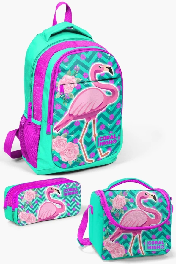 Kids Su Yeşili Pembe Simli Flamingo Desenli 3’lü Okul Çanta Seti SET0114382