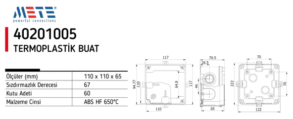 METE ENERJİ Termoplastik Buat 110x110x65mm IP67 IK06 ( 6 adet ) - 2