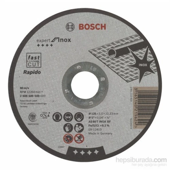 Bosch  - Expert Serisi Inox (Paslanmaz Çelik) İçin Düz Kesme Diski (Taş) – Rapido - As 60 T Inox Bf,