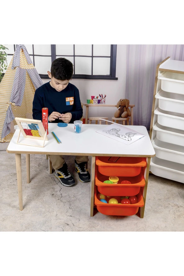3 Çekmeceli Oyun, Aktivite, Etkinlik Masası, Beyaz-Turuncu, 18mm MDF - 3