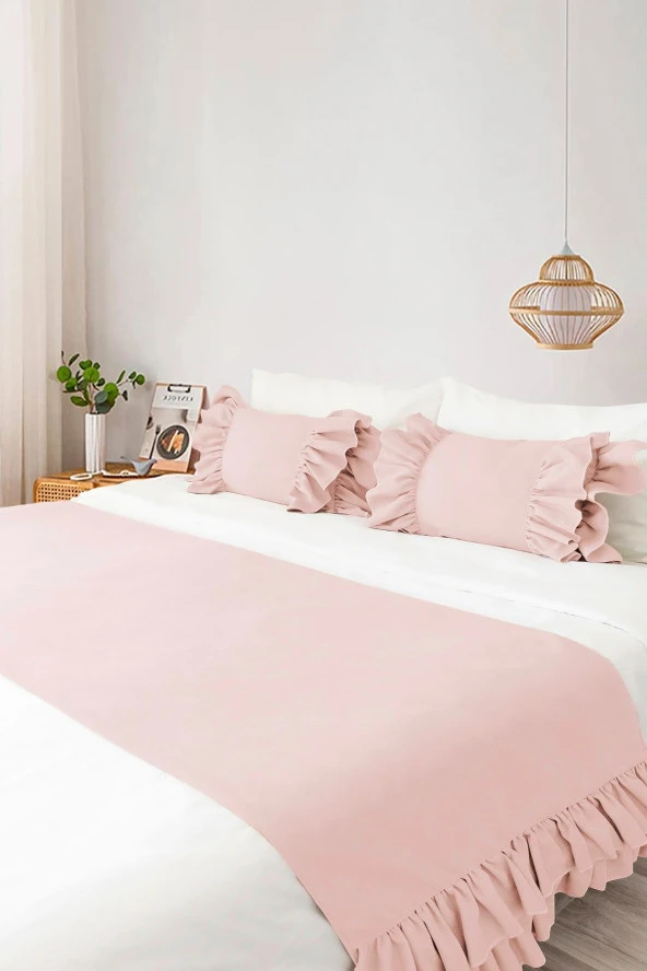 Yatak Runner & İç Dolgulu Kırlent Seti Çift Kişilik Fırfırlı Pembe - 2