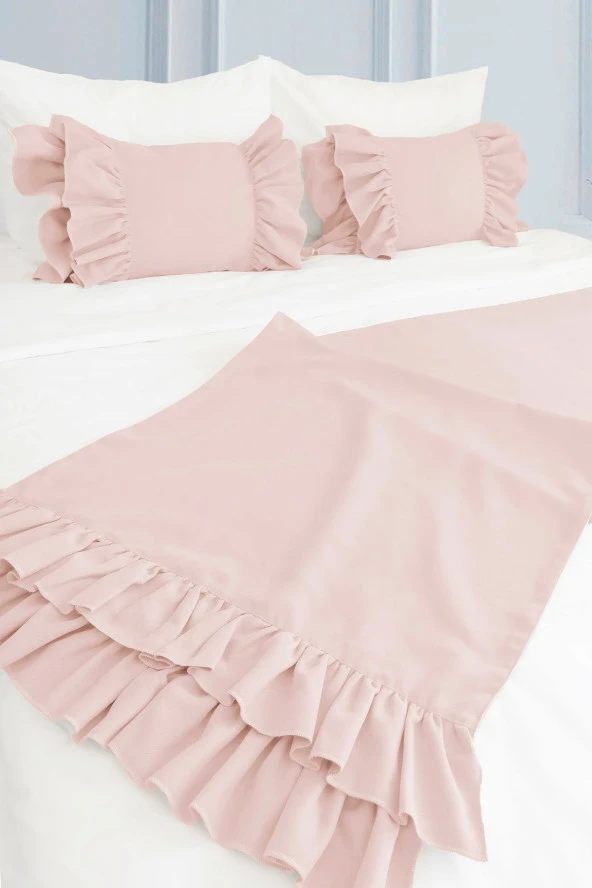 Yatak Runner & İç Dolgulu Kırlent Seti Çift Kişilik Fırfırlı Pembe - 3