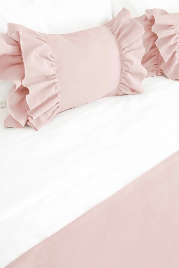 Yatak Runner & İç Dolgulu Kırlent Seti Çift Kişilik Fırfırlı Pembe - 4