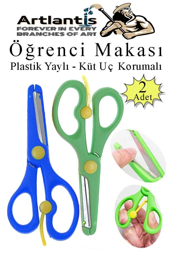 Mavi Yeşil Öğrenci Makası 2 Adet Plastik Yaylı Küt Uç Korumalı Okul Makası Çocuk Makası Okul Öncesi Kreş Ana Sınıfı