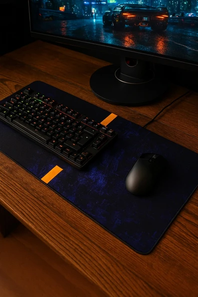 SonicTouch Sarı Lacivert 1907 Gamer Gaming Oyuncu Masaüstü Dikişsiz Kaymaz Klavye Mouse Pad 32x70Cm - Resim 2