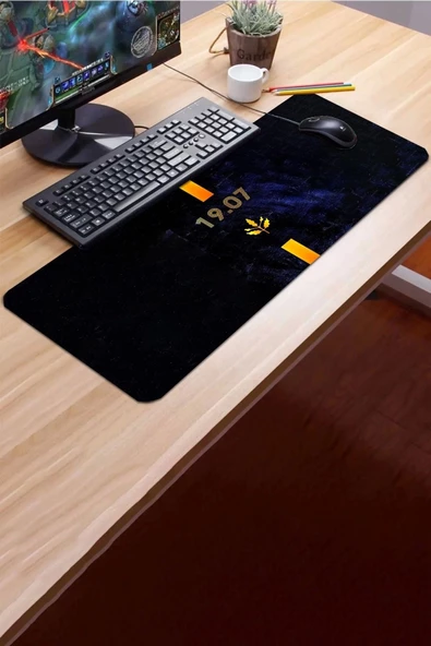 SonicTouch Sarı Lacivert 1907 Kaymaz Gaming Oyuncu Masaüstü Dikişsiz Siyah Klavye Mouse Pad 32x70Cm - 3