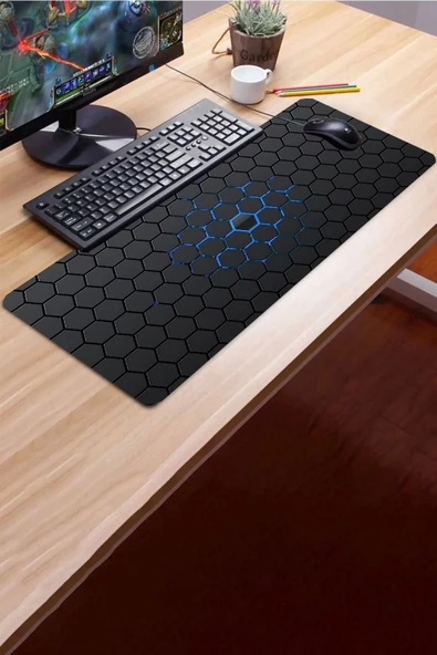 SonicTouch Mavi Siyah Altıgen Desenli Kaymaz Gaming Oyuncu Masaüstü Dikişsiz Klavye Mouse Pad 32x70Cm - 3