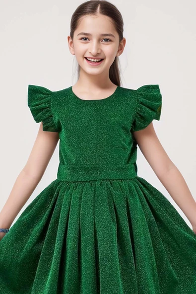 Kız Çocuk Parıldayan Yeşil Elbise - 5