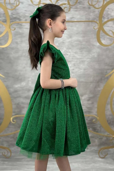 Kız Çocuk Parıldayan Yeşil Elbise - 4