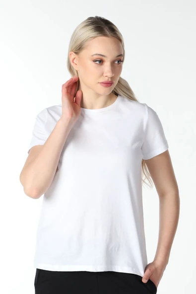 Kadın Kısa Kollu Bisiklet Yaka Tişört Beyaz  2XL SİYAH - Resim 3