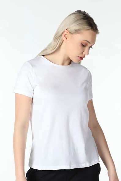 Kadın Kısa Kollu Bisiklet Yaka Tişört Beyaz  2XL SİYAH - Resim 4