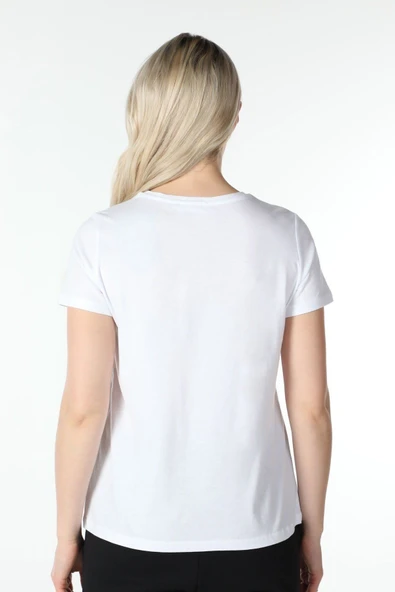 Kadın Kısa Kollu Bisiklet Yaka Tişört Beyaz  S SİYAH - Resim 5