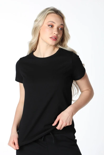 Kadın Kısa Kollu Bisiklet Yaka Tişört Beyaz  M BEYAZ - Resim 6