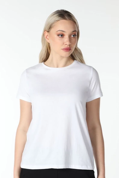 Kadın Kısa Kollu Bisiklet Yaka Tişört Beyaz  XL BEYAZ - Resim 2