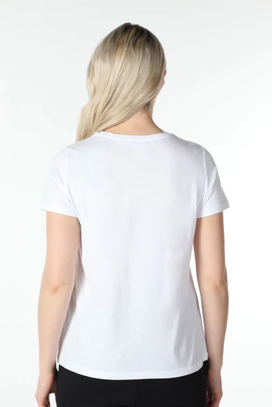 Kadın Kısa Kollu Bisiklet Yaka Tişört Beyaz  M BEYAZ - Resim 5