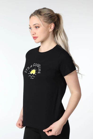 Kadın Baskılı Kısa Kollu Bisiklet Yaka Tişört Beyaz  M SİYAH - Resim 8