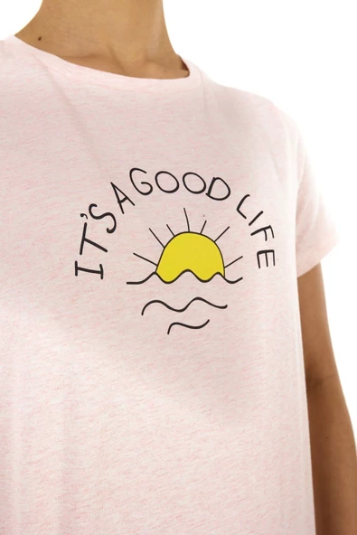 Kadın Baskılı Kısa Kollu Bisiklet Yaka Tişört Pembe Mel  XS PEMBE MELANJ - Resim 4