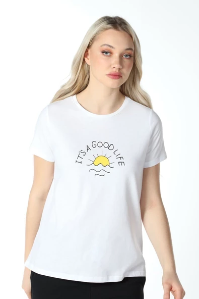 Kadın Baskılı Kısa Kollu Bisiklet Yaka Tişört Beyaz  M BEYAZ - Resim 5