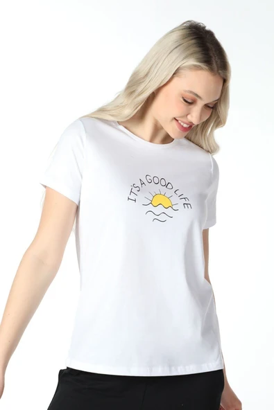 Kadın Baskılı Kısa Kollu Bisiklet Yaka Tişört Beyaz  M SİYAH ürün görseli