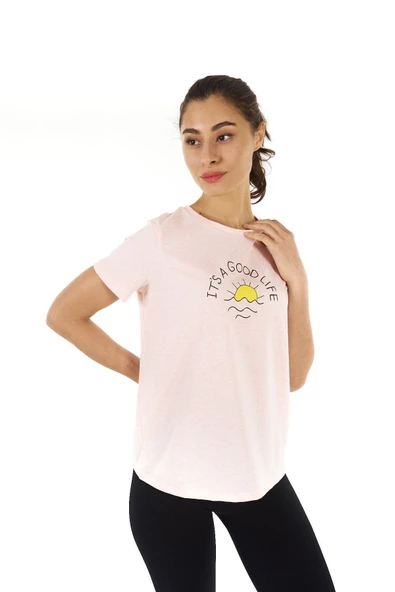 Kadın Baskılı Kısa Kollu Bisiklet Yaka Tişört Pembe Mel  L PEMBE MELANJ - 1