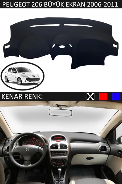 GUERRINO Torpido Koruma Halısı Siyah Kenar Renk Siyah Peugeot 206 2006-2011 ile Uyumlu
