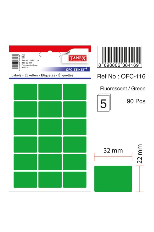 Tanex OFC-116 Etiket 22x32 mm - Neon Yeşil (90 Adet)