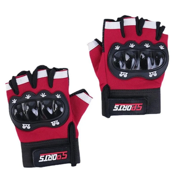 Çocuklar için Koruma Destekli Kırmızı Renkli Unisex Yarım Parmak Scooter Bisiklet Eldiveni - 2