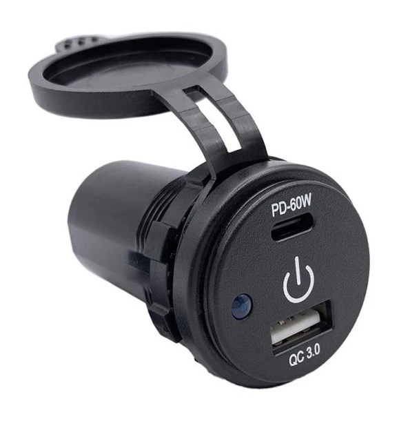Dokunmatik Switchli USB + Type-C 12-24V Şarj Soketi