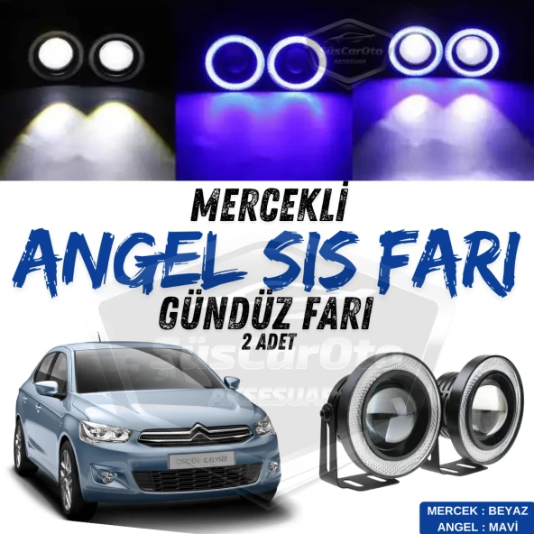 Citroen C Elysee 2012-2023 Uyumlu Üniversal Mercekli Angel Sis Farı Metal Su Geçirmez 76 mm Mavi Halkalı Gündüz Farı Angel Eyes 2 Adet