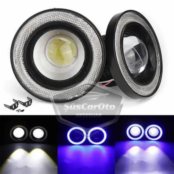 Citroen C Elysee 2012-2023 Uyumlu Üniversal Mercekli Angel Sis Farı Metal Su Geçirmez 76 mm Mavi Halkalı Gündüz Farı Angel Eyes 2 Adet - Resim 2