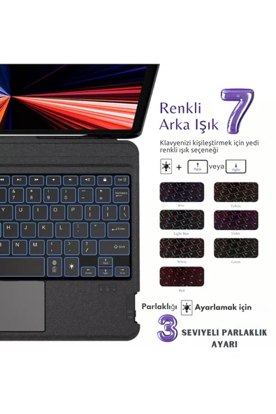 iPad Air 13 2024 A2898 - A2899 Uyumlu Fuchsia Touch Pad Bluetooth Klavyeli Standlı Mıknatıslı Kılıf - Resim 2