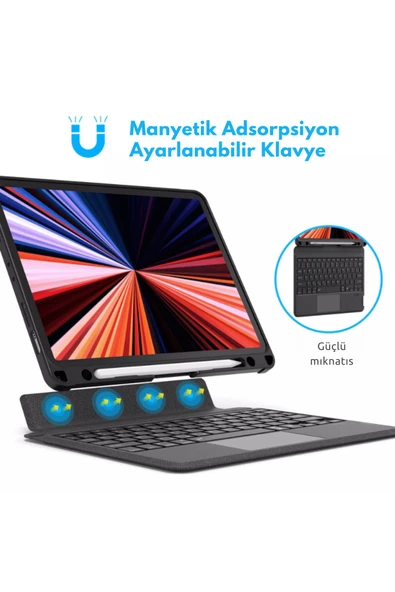 iPad Air 13 2024 A2898 - A2899 Uyumlu Fuchsia Touch Pad Bluetooth Klavyeli Standlı Mıknatıslı Kılıf - Resim 3