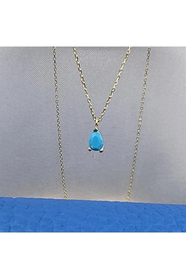 0.25 Karat Firuze (Turkuaz) Pırlanta Montürü Nano Has Taşlı Hediye 925 Ayar Gümüş Kolye - 6