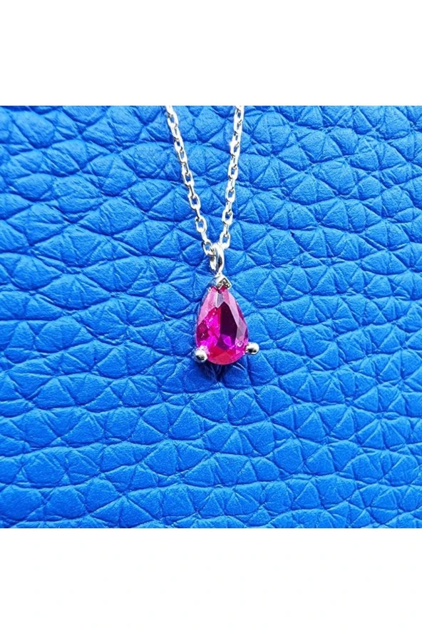 0.25 Karat Ruby Pırlanta Montürü Nano Has Taşlı Hediye 925 Ayar Gümüş Kolye - 3
