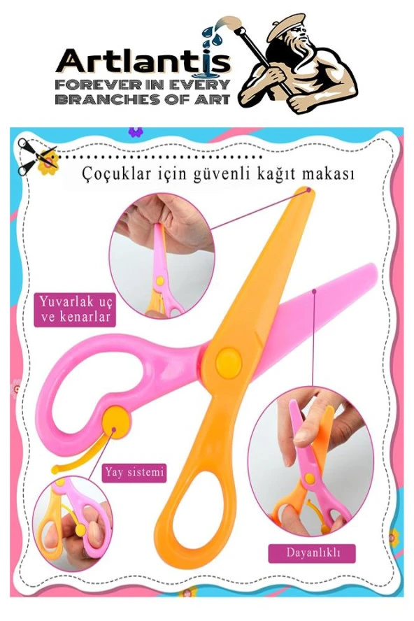 Renkli Kağıt Makası 2 Adet Plastik Yaylı Küt Uç Korumalı Okul Makası Çocuk Makası Okul Öncesi Kreş Ana Sınıfı - 2