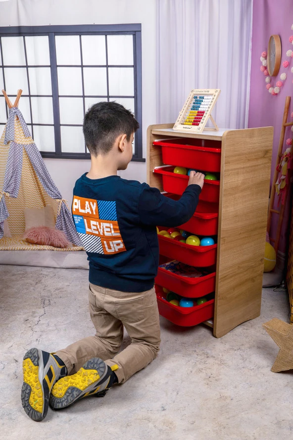 6 Çekmeceli Çocuk Oyuncak ve Aktivite Dolabı,Ceviz-Turuncu 18mm MDF - 3