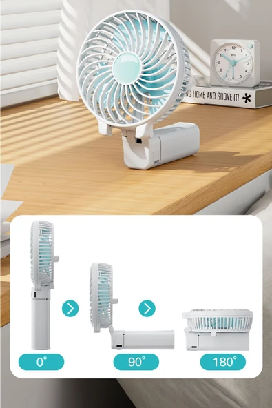 Şarjlı Taşınabilir El Fanı – 3 Kademeli Katlanabilir Masa Üstü Vantilatör, Işıklı, Sessiz Mini Fan - 2