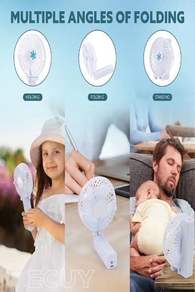 Şarjlı Taşınabilir El Fanı – 3 Kademeli Katlanabilir Masa Üstü Vantilatör, Işıklı, Sessiz Mini Fan - 3
